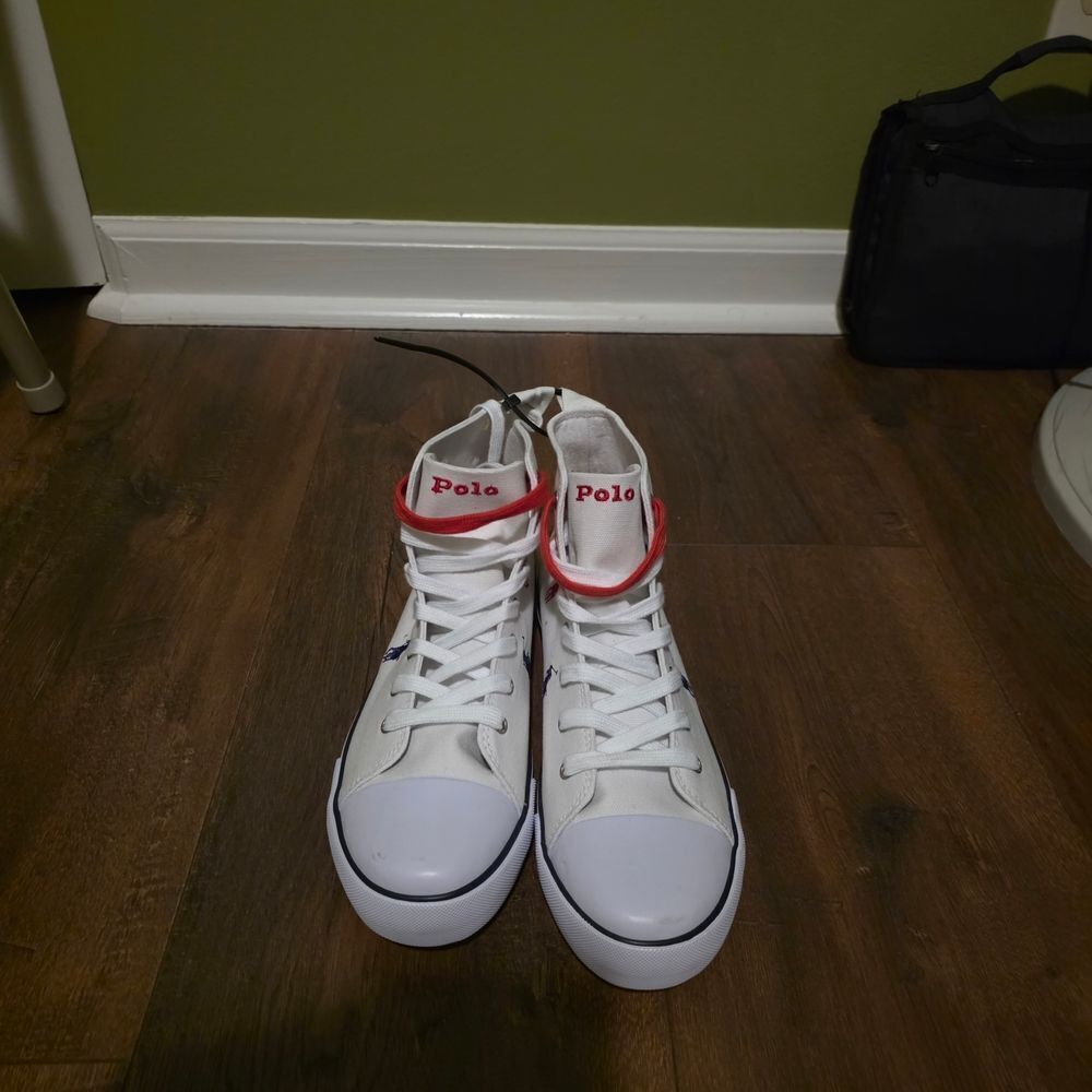 NWT-Polo Ralph Lauren White High-Top Sneakers with Multicolor Embroidery - Picture 14 of 16